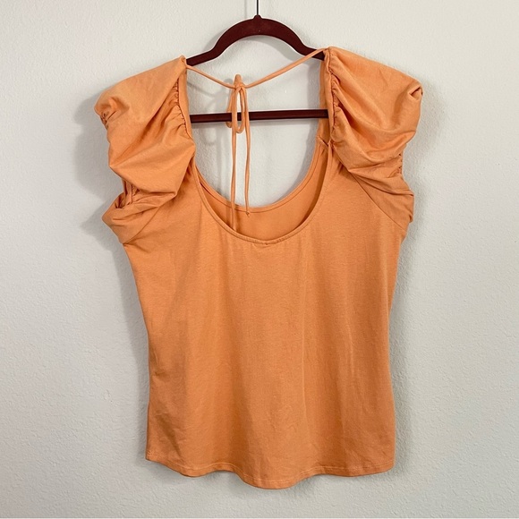 Free People‎ Taupe Orange Puff Sleeve Tie Back Slim Top NWT Size Large - Picture 2 of 5